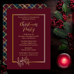 Invitation En Aluminium Élégant Houx   Baies Riche Tartan Noël Fête