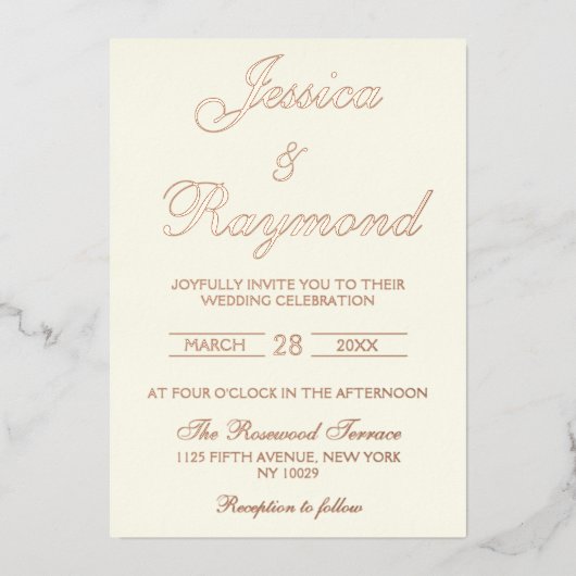 Invitation En Aluminium Élégant ivoire et Rose Mariage or (Recto)