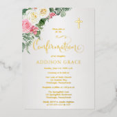 Invitation En Aluminium Elégant jardin Rose - Confirmation fille - Or (Recto)