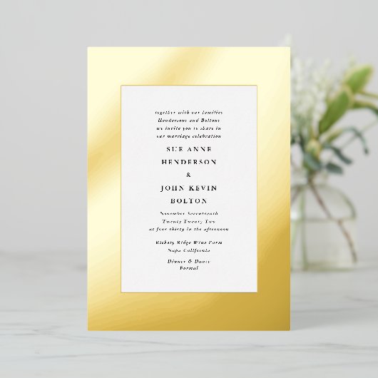 Invitation En Aluminium Elégant Jaune Véritable Mariage Frame Bordure Or (Debout devant)