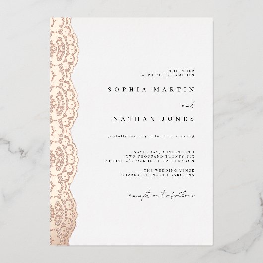 Invitation En Aluminium Elegant Lace Real Rose Gold Foil Wedding  (Recto)