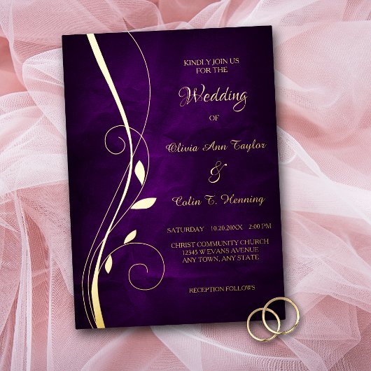 Invitation En Aluminium Elegant Leaf Swirl Deep Purple Wedding