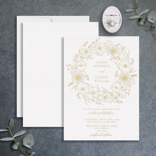 Invitation En Aluminium Elégant Line Art Floral Wreath Mariage Gold
