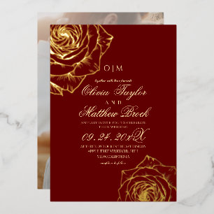 Invitation En Aluminium Élégant Luxe Rose Rouge Feuille D'Or Mariage