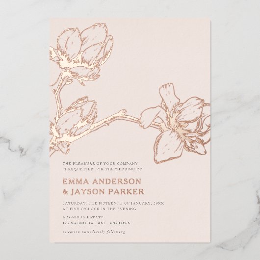 Invitation En Aluminium Élégant Magnolia Mariage Bleu Rose Or (Recto)