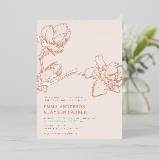 Invitation En Aluminium Élégant Magnolia Mariage Bleu Rose Or (Debout devant)