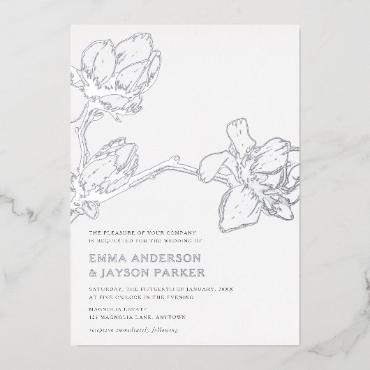 Invitation En Aluminium Élégant Magnolia Mariage gracieux Blanc + Argent (Recto)