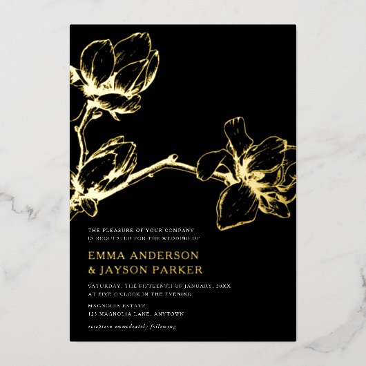 Invitation En Aluminium Élégant Magnolia Mariage gracieux Noir + Or (Recto)