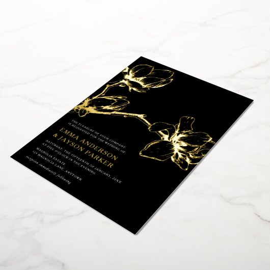 Invitation En Aluminium Élégant Magnolia Mariage gracieux Noir + Or (Rotation)
