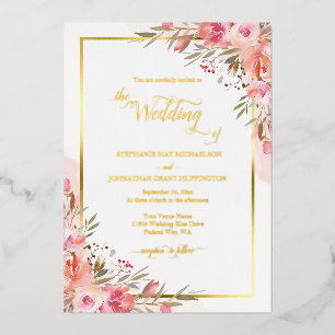 Invitation En Aluminium Élégant Mariage Aquarelle Fleurie Rose Pêche Or