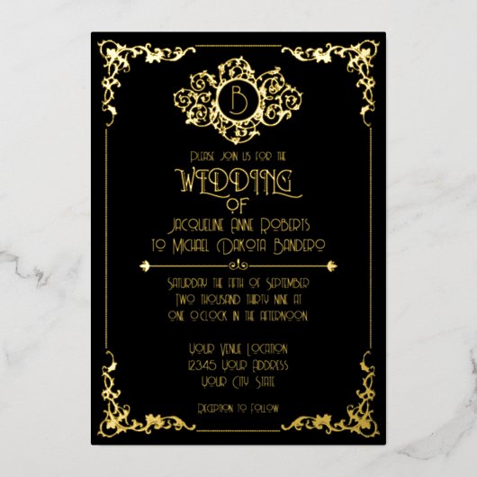 Invitation En Aluminium Elégant Mariage Art Déco Art Déco Noir (Recto)