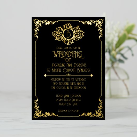 Invitation En Aluminium Elégant Mariage Art Déco Art Déco Noir (Debout devant)