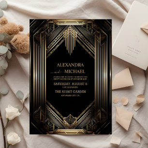 Invitation En Aluminium Elégant Mariage Art déco noir et or