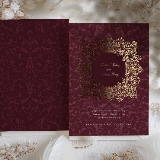 Invitation En Aluminium Élégant Mariage baroque Bourgogne Gold Foil