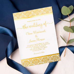Invitation En Aluminium Élégant Mariage Blanc Feuille d'Or Damassé