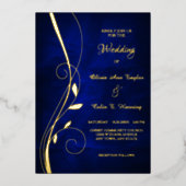 Invitation En Aluminium Elégant Mariage bleu profond à la feuille (Recto)