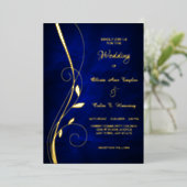Invitation En Aluminium Elégant Mariage bleu profond à la feuille (Debout devant)