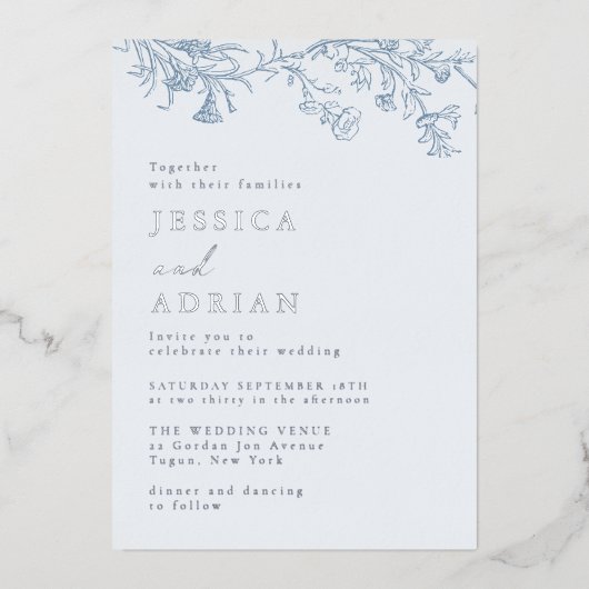 Invitation En Aluminium Elégant Mariage Bleu Victorien Argent (Recto)