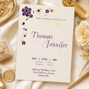 Invitation En Aluminium Élégant mariage botanique ivoire et prune or