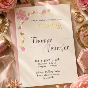Invitation En Aluminium Élégant Mariage Botanique Ivoire et Rose en Or