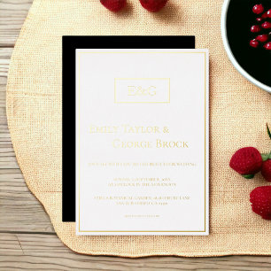 Invitation En Aluminium Élégant Mariage Cadre Monogramme Noir Blanc Or