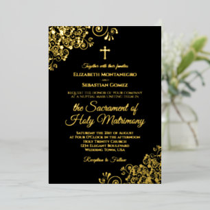 Invitation En Aluminium Élégant Mariage catholique classique Black Gold