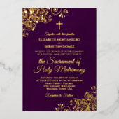 Invitation En Aluminium Élégant Mariage catholique prune violet & or (Recto)