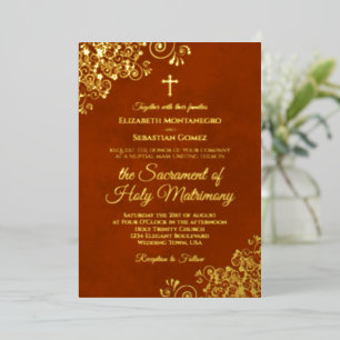 Invitation En Aluminium Élégant mariage catholique rouille orange et or