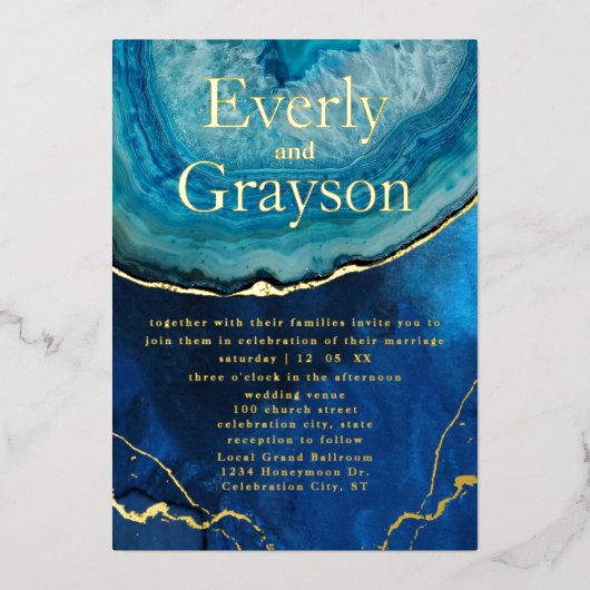 Invitation En Aluminium Élégant Mariage d'Agate Galaxy Bleu & Or (Recto)
