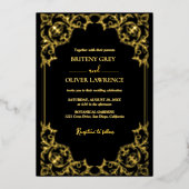 Invitation En Aluminium Elégant Mariage damassé noir et or (Recto)