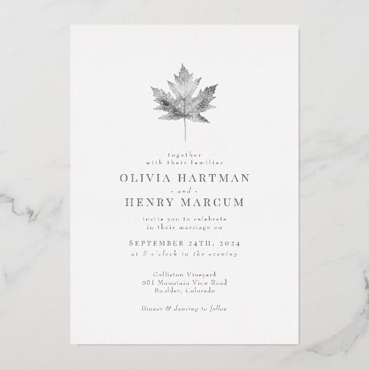 Invitation En Aluminium Élégant Mariage de automne feuille d'érable argent (Recto)