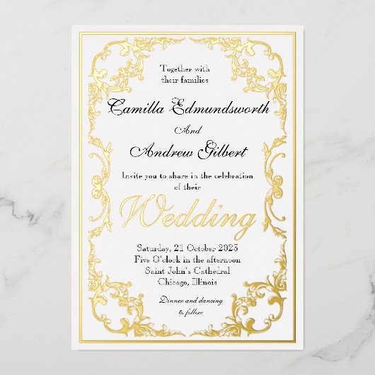 Invitation En Aluminium Élégant Mariage de Bordure Ornée Régence Dorée (Recto)