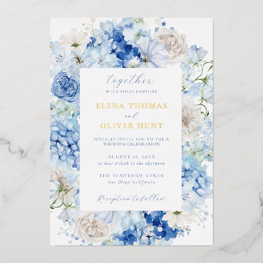 Invitation En Aluminium Élégant Mariage de cadre Floral Bleu (Recto)
