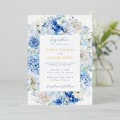 Invitation En Aluminium Élégant Mariage de cadre Floral Bleu (Debout devant)