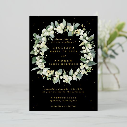 Invitation En Aluminium Elégant Mariage de courge Black Snowberry+Eucalypt (Debout devant)