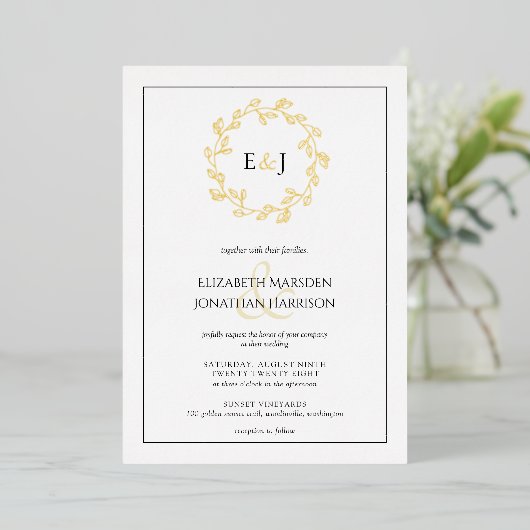 Invitation En Aluminium Élégant Mariage de la feuille de monogramme photo (Debout devant)
