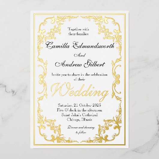 Invitation En Aluminium Élégant Mariage de la frontière Ornate or Regency (Recto)