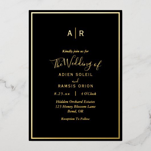 Invitation En Aluminium Élégant Mariage de Monogramme d'or noir moderne (Recto)