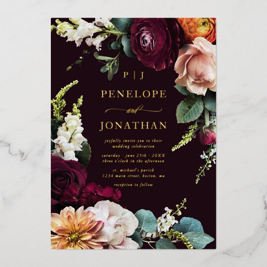 Invitation En Aluminium Élégant Mariage de monogramme Floral d'automne (Recto)