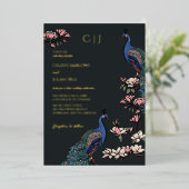 Invitation En Aluminium Élégant Mariage de paon noir floral (Debout devant)