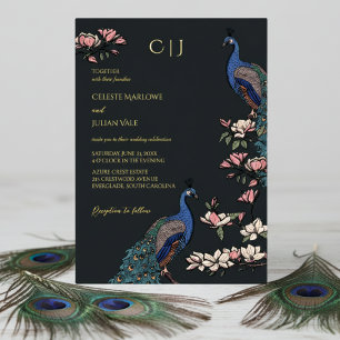 Invitation En Aluminium Élégant Mariage de paon noir floral