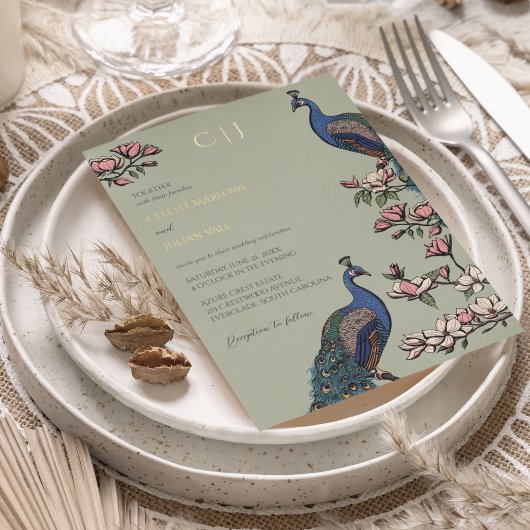 Invitation En Aluminium Élégant Mariage de Peacock Floral Sage Green