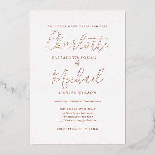 Invitation En Aluminium Élégant Mariage de script de signature Rose or (Recto)