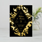 Invitation En Aluminium Élégant Mariage diamant floral noir or (Debout devant)