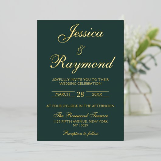 Invitation En Aluminium Élégant Mariage Emerald Green et Gold Foil (Debout devant)