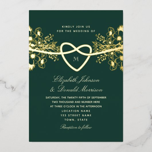 Invitation En Aluminium Élégant Mariage Emerald Green Gold (Recto)