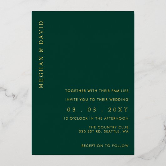Invitation En Aluminium Élégant Mariage Emerald Green Gold (Recto)