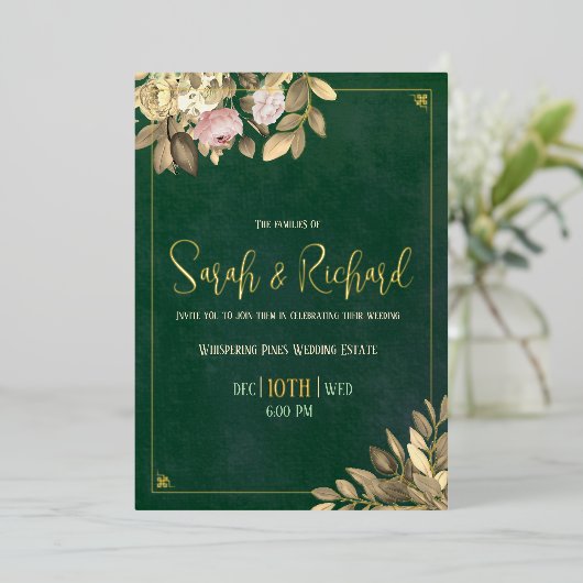 Invitation En Aluminium Élégant Mariage Emerald Green Gold (Debout devant)