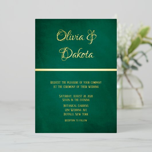 Invitation En Aluminium Élégant Mariage Émeraude Vert Et Or (Debout devant)