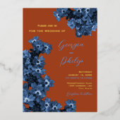 Invitation En Aluminium Élégant Mariage en terre cuite et fleurs bleues (Recto)